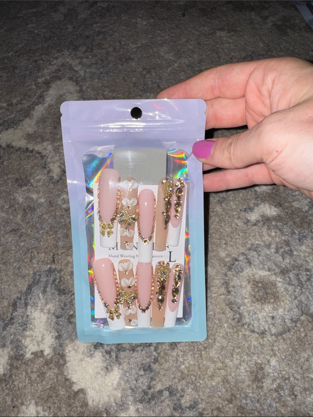 Elegant Pink Rhinestone Press-On Nail Set with Gold Accents